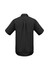 A short sleeve black button-up shirt featuring a back pleat and a collar, designed for men.