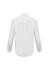 A white long sleeve button-up shirt featuring a standard collar and cuffed sleeves, with a logo on the back.