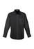 A black long sleeve button-up shirt featuring a pocket and a logo on the chest.