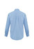 A light blue long sleeve shirt with a button-up style and a back pleat, featuring a logo.