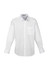 A white long sleeve button-up shirt with a single chest pocket and a branding logo.