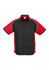 A short sleeve button-up shirt featuring black fabric with red accents and a logo.