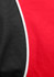 A red and black button-up shirt features a curved design with contrasting piping. Includes a logo.