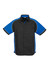 A black and blue short sleeve button-up shirt with contrasting details and a chest pocket.