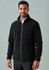 A black men's plain micro fleece jacket with a zip front and low collar, featuring a logo on the chest.