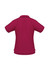 A maroon women's short sleeve polo shirt with a collar and a branding logo. The back view highlights its sleek design.