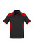 A black and red short sleeve polo shirt featuring a collar and a logo on the chest area.