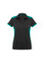 A black polo shirt for women with teal accents and a collar. It features a logo on the front.