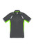 A short sleeve men's polo shirt in grey with bright green accents and detailing. It features a logo on the chest.