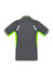 A grey short sleeve polo shirt with vibrant green accents and reflective details on the shoulders. Features a logo.