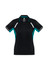 A black and teal women's short sleeve polo shirt featuring a logo and contrast detailing.