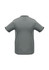 A grey short sleeve polo shirt featuring a sleek design and contrasting black accents. It has a logo on the back.