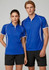 A blue women's short sleeve polo shirt with white accents, featured alongside a matching men's polo shirt.
