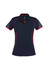 A navy polo shirt with short sleeves and red accents, featuring a logo on the chest.