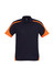 A navy and orange short sleeve polo shirt with a collar and branding on the chest.