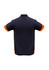 A navy blue polo shirt with orange sleeves and a brand logo on the back.