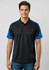 A black and blue short sleeve polo shirt featuring a collar and a logo. Suitable for casual wear.