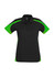 A women's short sleeve polo shirt in black with green accents, featuring a logo on the chest.