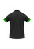 A black women's polo shirt with green accents on the sleeves, featuring a logo on the back.