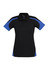 A women's polo shirt featuring short sleeves, black with blue accents, and a branded logo on the front.