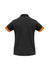 A black women's polo shirt with orange detailing on the sleeves and collar, featuring a logo.