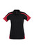 A black short sleeve polo shirt with red accents and a logo on the chest.