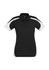 A women's short sleeve polo in black with white accents and a logo on the front.
