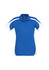 A blue women's short sleeve polo shirt with white accents and a logo.