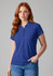 A blue ladies' polo shirt featuring a classic collar and a logo. The model is wearing it with jeans.
