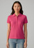 A pink women's polo shirt with a collar and short sleeves, featuring a branding logo.