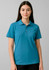A short sleeve polo shirt in teal with a collar and three buttons, featuring a logo.