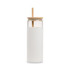 A glass tumbler with a white silicone sleeve, bamboo lid, and straw, featuring a clear glass body.