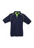 A navy men's polo shirt featuring lime green piping and a logo. Short sleeves and a classic collar design.