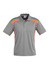 A grey short sleeve polo shirt with orange accents and a logo on the chest.
