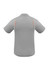 A grey short sleeve polo shirt with orange detailing and a logo on the back.
