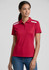 A red women's short sleeve polo shirt with white stripes and a logo on the front.