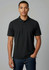 A black short sleeve polo shirt with a collar and a logo, displayed on a model against a neutral background.