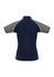 A navy blue women's polo shirt featuring grey sleeves and white piping, with a logo on the front.