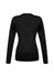 A black women's pullover sweater with long sleeves and a fitted silhouette, featuring a logo on the back.