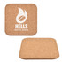 A cork square coaster in a natural brown shade with a logo printed on one side. Both sides are flat and simple.