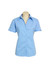 A light blue women's short sleeve button-up shirt displayed on a mannequin, featuring a collar and front buttons.
