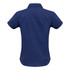 A navy blue women's short sleeve button-up shirt with a back collar and fitted design. Features a logo.