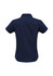 A navy blue women's short sleeve button-up shirt featuring a collar and a curved hem. It has a logo on it.