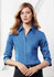 A women's button-up shirt in a vibrant blue with 3/4 sleeves and a collar, featuring a logo.