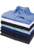 A stack of button-up shirts in various colours including blue, black, and white, featuring a collar and button details.