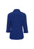 A blue 3/4 sleeve women's button-up shirt with a collar and a logo on the back.