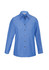 A blue chambray long sleeve shirt with a button-up front and a single chest pocket. Features a logo.