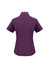 A purple short sleeve button-up shirt with a collar and a logo on the back.