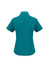 A plain short sleeve button-up shirt in teal, featuring a collared neck and a logo on the back.