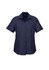 A navy short sleeve button-up shirt with a collar and a front button placket, featuring a logo.